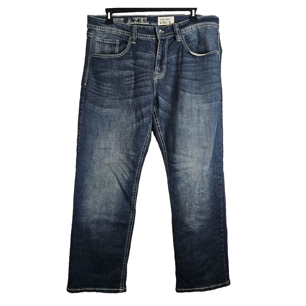 TK Axel‎ Jeans Mens 40 x 31 Slim Bootcut Medium Wash Blue Embroidered Pocket